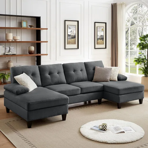 Vista 7 de Sofá modular de 111 pulgadas para sala de estar, sofá en forma de U de 4 plazas con doble diván de fibra de poliéster, beige