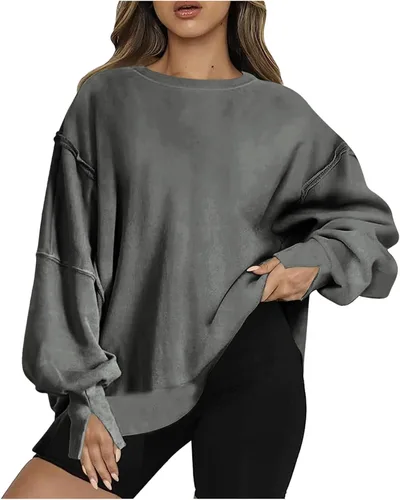 Vista 5 de Ceboyel Sudadera de gran tamaño para mujer 2023, color sólido, cuello redondo, suéter con abertura lateral, cómodo ropa de moda de otoño