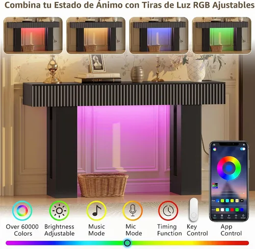 Vista 3 de Mesa de entrada de 60 pulgadas de largo con toma de corriente integrada y luz RGB controlada por aplicación y botón, mesa consola de madera gruesa