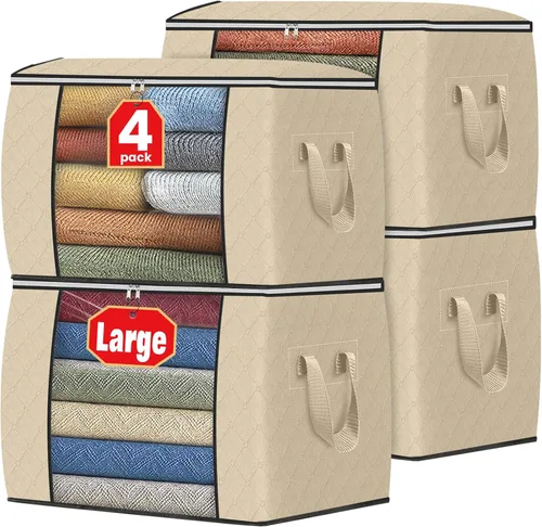 Vista 44 de Fab totes Paquete de 3 bolsas de almacenamiento plegables de tela gruesa, contenedores para organizar dormitorio, armario, ropa, edredón, Beige
