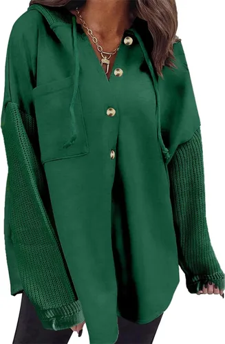 Vista 14 de SHEWIN - Sudadera de gran tamaño para mujer, de ajuste holgado, casual, manga larga, con botones, con capucha y bolsillos a gris