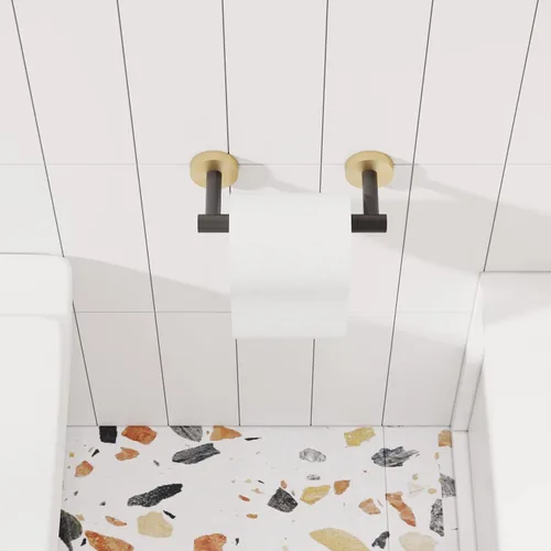 Vista 3 de RARXTR Soporte de papel higiénico negro y dorado SUS304 de acero inoxidable con doble poste pivotante, soporte de papel higiénico montado