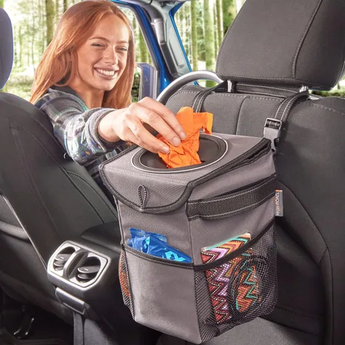 Vista 7 de High Road StashAway - Bote de basura resistente de servicio pesado para automóvil con tapa de goma, 3 bolsillos de almacenamiento y paneles