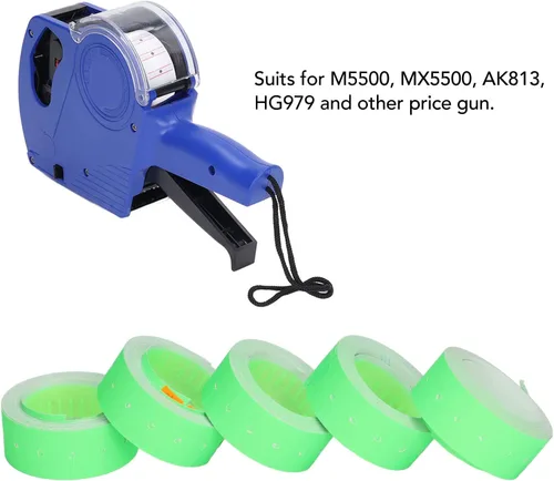 Vista 4 de 30 rollos 15000 etiquetas de pistola de precios, etiquetas de precios de una sola fila etiqueta de pistola de precio para Mx-5500 M5500 verde