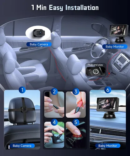 Vista 3 de Cámara de coche de bebé para asiento trasero HD con visión nocturna, ángulo de visión ajustable, fácil instalación, cámara giratoria de 360°