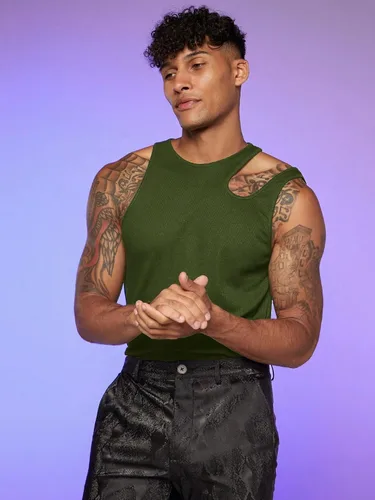 Vista 3 de WDIRARA Camiseta sin mangas transparente de malla para hombre con cuello redondo transparente