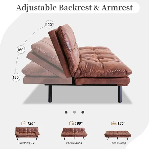 Vista 3 de Opoiar Sofá cama de piel sintética, futón de espuma viscoelástica, plegable, sofá compacto acolchado con patas de metal, moderno sofá biplaza Marrón