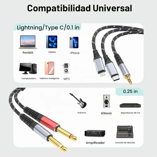 Vista 2 de Cable divisor en Y estéreo de Lightning a dual de 6,35 mm 1/4" TS mono, cable de audio 3 en 1 a dual de 1/4 pulgada, compatible con amplificadores