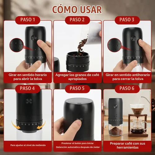 Vista 4 de Molinillo de café eléctrico, molinillo de granos de café portátil con rebabas cónicas de cerámica, molinillo de espresso recargable USB-C con grosor