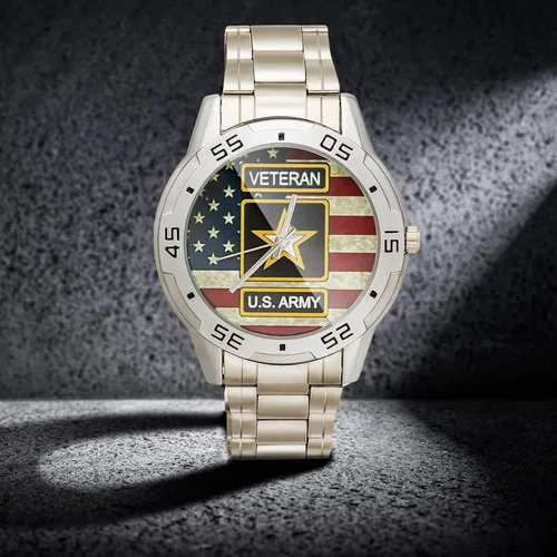 Vista 4 de Reloj analógico de acero inoxidable para hombre diseño especial militar veterano y bandera estadounidense diseño personalizado con caja de metal