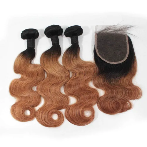 Vista 8 de 1B/27 rubio ombre brasileño virgen paquetes con cierres 4pcs lote cuerpo onda 12 con 10 pulgadas ombre encaje cierre con teje pelo