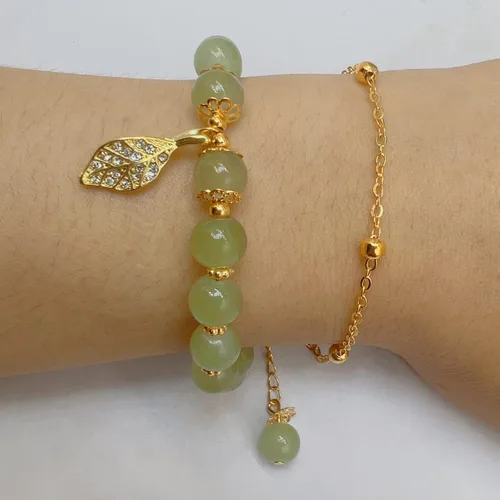 Vista 2 de CJIAYUJEW Hotan - Pulsera de hoja de jade natural de 2 capas de nefrita verde para mujer, diseño de cuentas redondas con dije de hoja de circón