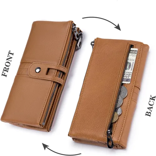 Vista 4 de Cartera para mujer, de gran capacidad, de piel auténtica, plegable, con bloqueo RFID, tarjetero con bolsillo con cremallera