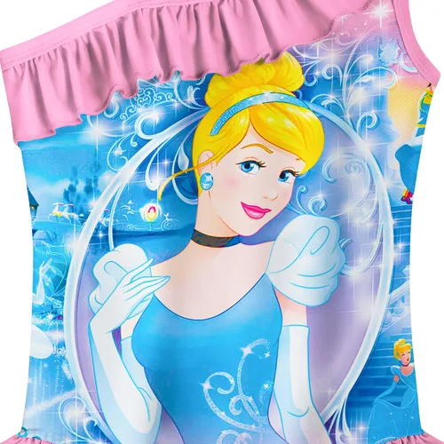 Vista 3 de Traje de baño de princesa para niñas, traje de baño de un solo hombro con gorro de natación