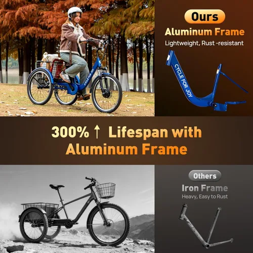 Vista 4 de Triciclo eléctrico de 24 pulgadas, triciclo eléctrico para adultos, 350 W (pico 500 W), 7 velocidades, 3 ruedas, bicicletas eléctricas con batería