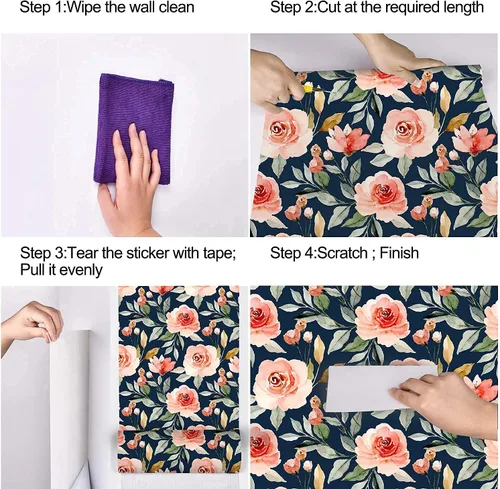 Vista 6 de Papel tapiz floral con fondo azul marino, autoadhesivo, extraíble, acuarela, flores, vinilo, papel de pared para estantería, encimera, decoración