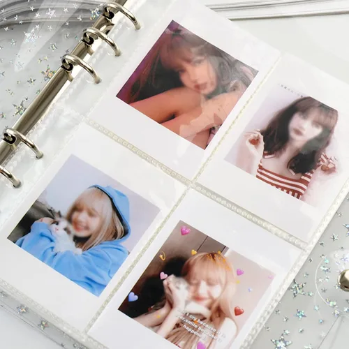 Vista 5 de Álbum de fotos de PVC transparente con purpurina de 3 pulgadas para cámara Instax Fujifilm, soporte para tarjeta fotográfica Kpop, portatarjetas