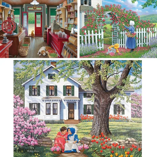 Vista 2 de Bits and Pieces Juego de tres rompecabezas de 500 piezas para adultos – Slow Day, The Rose Arbor, Best Friends del artista John Sloane