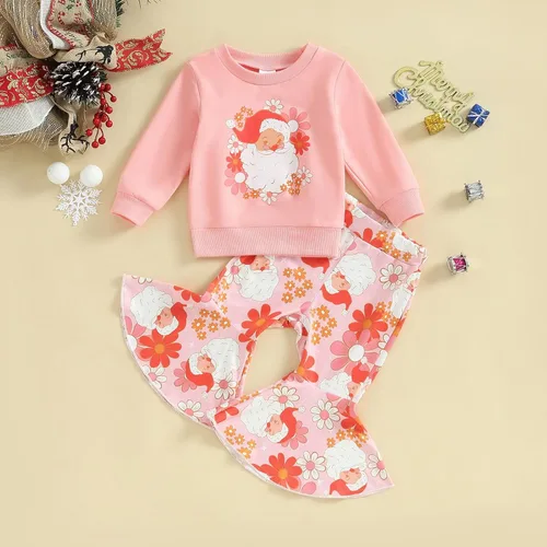 Vista 2 de Traje de Navidad para bebé niña con estampado de Papá Noel, camisas de cuello redondo, sudadera con estampado de flores de Papá Noel