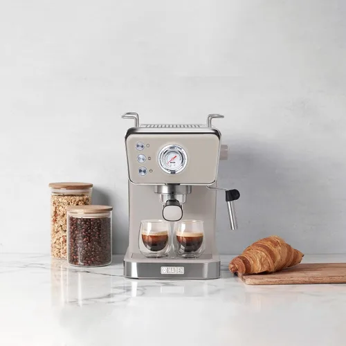 Vista 9 de HADEN Barista Brew - Cafetera de café expreso, de acero inoxidable con espumador de leche y vaporizador y tanque de agua de 1.5 L, masilla y cobre