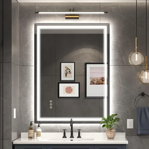 Vista 28 de Ratsamee Espejo de baño LED de 30x30 pulgadas con iluminación frontal y trasera (control independiente), espejo iluminado para pared de baño con 3