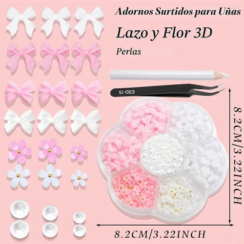 Vista 2 de RODAKY - Abalorio de uñas con lazo rosa y blanco en 3D de colores-3