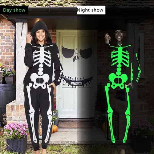 Vista 2 de Disfraces familiares a juego que brillan en la oscuridad para Halloween mono de una pieza con capucha y diseño de esqueleto para adultos y niños