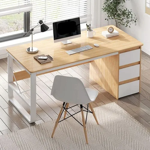 Vista 2 de Escritorio rectangular de oficina con 3 cajones, mesa de estudio, escritorio para estudiantes, escritorio para escribir, laptop, oficina en casa