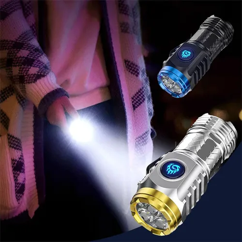 Vista 4 de Linterna LED, 3 luces de alto lúmenes, 5 modos, diseño compacto impermeable para camping, senderismo, emergencias (plateado)