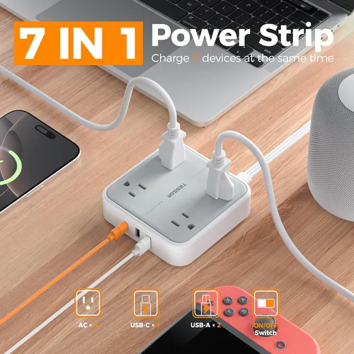 Vista 3 de TESSAN - Cable de extensión plano con protector de sobretensiones de 1 pie, regleta de enchufe de anillo 4 Outlets 3 USB Ports (1 USB C), 900