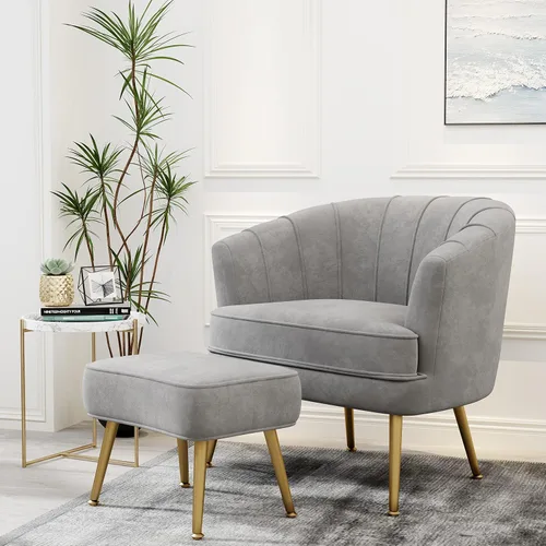 Vista 12 de Andeworld Silla decorativa de terciopelo con otomana, sillón de barril Beige
