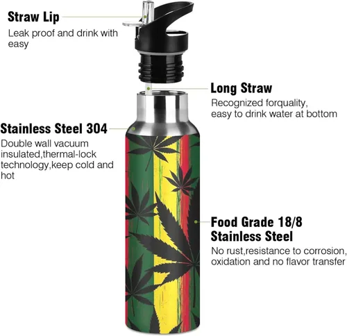 Vista 3 de BPA-Free Sports Water Bottle with Straw 20 Oz, Stainless Steel Water Bottle for Gym Outdoor Travel School, Black Leaves Colorful Stripes