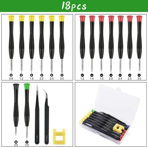Vista 2 de Ainiv Juego de mini destornilladores de precisión, 18 destornilladores magnéticos pequeños con pinzas y magnetizador de cabeza plana Phillips