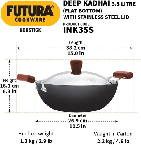 Vista 3 de HAWKINS Futura Kadhai de 3,5 litros de profundidad, Kadai antiadherente con tapa de acero inoxidable, fondo plano de inducción, Kadhai (INK35S)