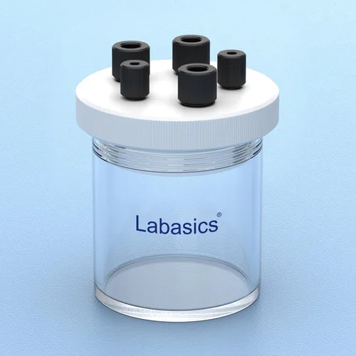 Vista 3 de Labasics Célula electrolítica, kit de celda electroquímica sellada con borosilicato de una sola cámara, electrolizador de reactor con tapa de PTFE