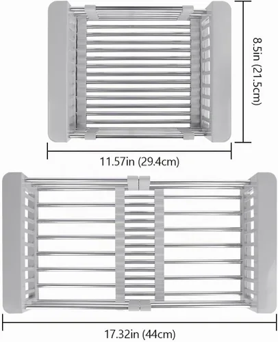 Vista 6 de LUEXBOX Escurridor extensible para secar platos sobre el fregadero, cesta escurridor de acero inoxidable con brazos ajustables para verduras y Gris