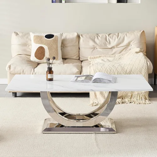 Vista 3 de Mesa auxiliar moderna de 50.4 pulgadas, mesa central de mármol sintético blanco con base de acero inoxidable en forma de U plateada, mesa de cóctel