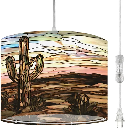 Vista 9 de Plug in Pendant Light Succulent Field Stained Glass Panel Hanging Lamp with Plug in Cord 16.4 ft Dimmable Hanging Light for Bedroom Kitchen Island