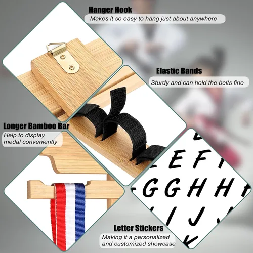 Vista 3 de JUXYES Organizador de cinturones de artes marciales para colgar en la pared, para 10 cinturones con colgador de medallas y calcomanías, soporte