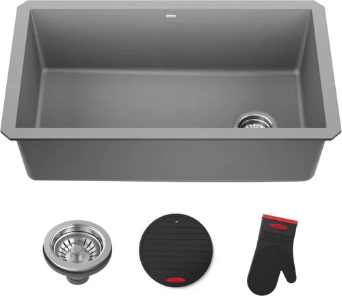 Vista 20 de Kraus Forteza - Fregadero de cocina de doble seno 50/50 de granito de instalación empotrada/sobre encimera, 33 pulgadas, color negro (KGD-52BLACK)