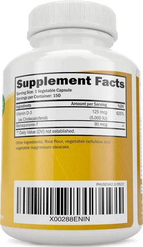 Vista 2 de Vitamina D3 K2, 150 porciones, 5000iu D3 + 90mcg K2, apoyo óseo e