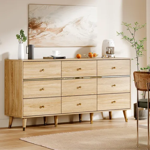 Vista 13 de Chrangmay Cómoda de 6 cajones, cómoda de mediados de siglo de 47 pulgadas de ancho, cómoda de madera con 6 cajones de almacenamiento