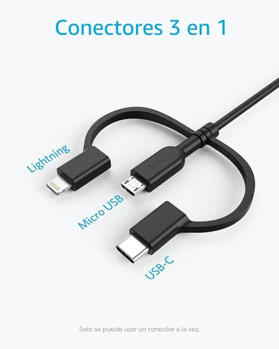 Vista 2 de Cable Anker Powerline II 3 en 1, cable Lightning/Type C/Micro USB para iPhone, iPad, Huawei, HTC, LG, Samsung Galaxy, Sony Xperia, smartphones Negro