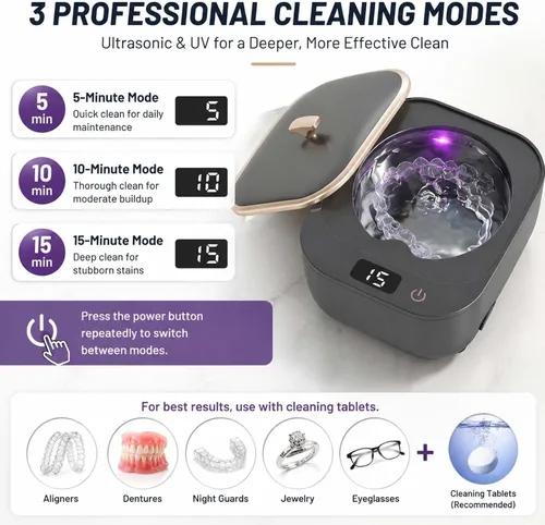 Vista 3 de Limpiador ultrasónico de retenedores – Máquina limpiadora de retenedores de 48 kHz para dentaduras, protectores bucales, alineador, cabezales