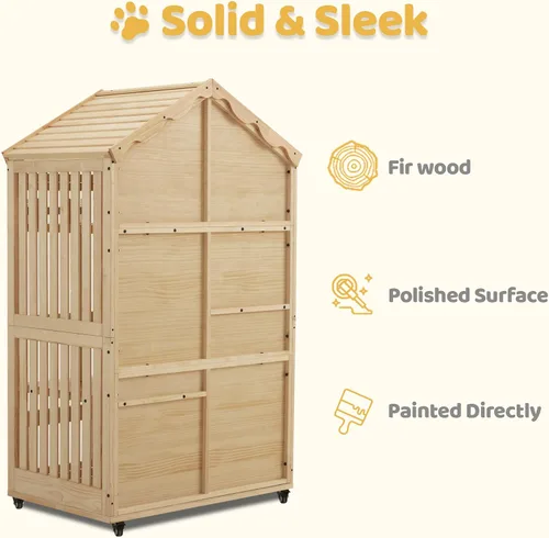 Vista 7 de MCombo Casa de madera para gatos de interior, condominio para gatos con entrada, jaula de gatito Catio con puertas y ruedas bloqueables, CT291
