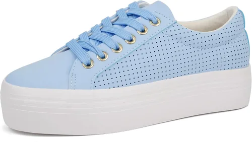Vista 10 de JABASIC Zapatillas de plataforma con cordones para mujer, zapatillas casuales cómodas de moda para caminar Todo blanco