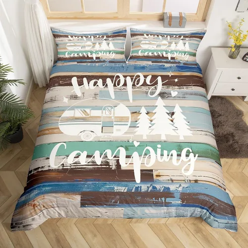 Vista 12 de Castle Fairy Juego de ropa de cama Happy Camping para niños, funda de edredón estilo granja occidental con cierre de cremallera, juego de ropa