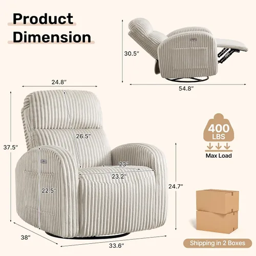Vista 2 de Silla reclinable mecedora giratoria eléctrica, silla reclinable Gris Liight