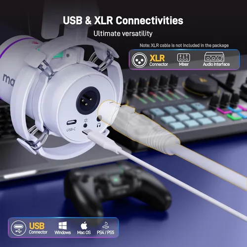 Vista 3 de MAONO Kit de micrófono dinámico XLR/USB, micrófono de podcast RGB con software, silencio, perilla de ganancia, control de volumen, brazo de brazo