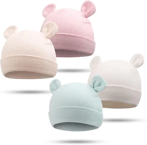 Vista 10 de Bamery Gorro de hospital para niñas recién nacidas, grueso, lindo, oso, de algodón, para 0-6 meses Blanco+albaricoque Rosa+púrpura+gris